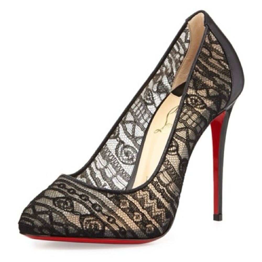 Christian Louboutin Dorissima Lace 100 Dentelle Black Suede Stiletto Shoes 36